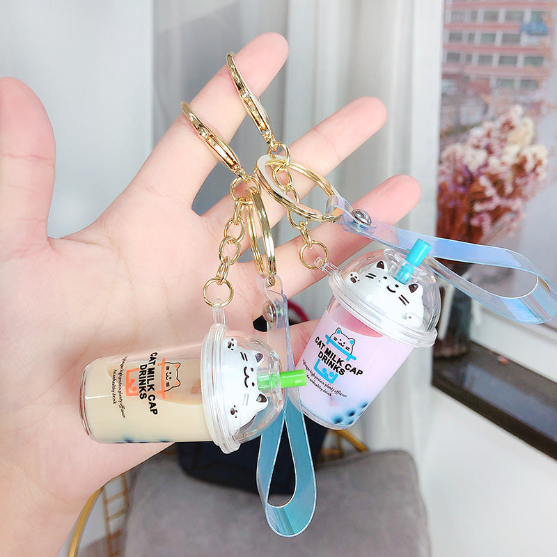 Cute Cartoon Cat Keychain with Liquid Quicksand Charm
