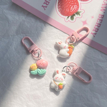 Cute Rabbit Flower Cat Keychain for Girls and Bags