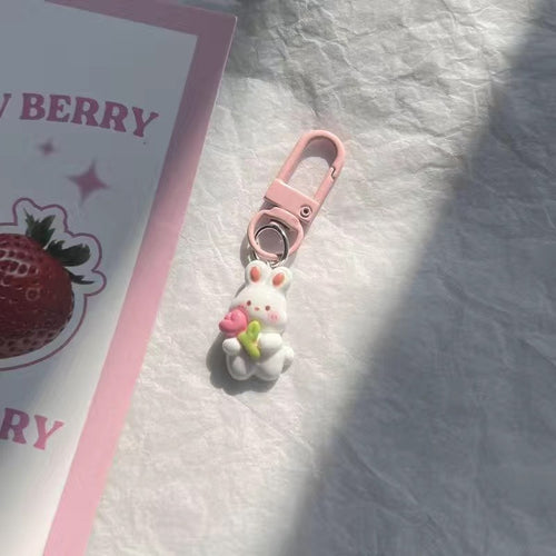 Cute Rabbit Flower Cat Keychain for Girls and Bags